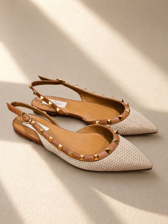 Valentino Garavani Shoes - Valentino Garavani Rockstud Raffia Slingback Flats Nude Tan Leather NIB Sz 36